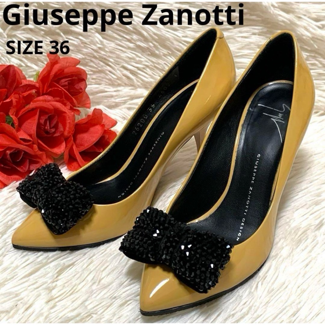 GIUZEPPE ZANOTTI(ジュゼッペザノッティ)の【極美品】Giuseppe Zanotti ストーン リボン エナメル パンプス レディースの靴/シューズ(ハイヒール/パンプス)の商品写真