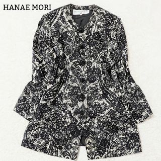 HANAE MORI - 美品 ハナエモリ シルク100% ノーカラージャケット ロング 花柄 LL 黒