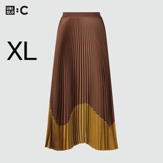 ユニクロ(UNIQLO)の【未使用】UNIQLO:C　プリーツカラーブロックスカート（ブラウン）(ロングスカート)