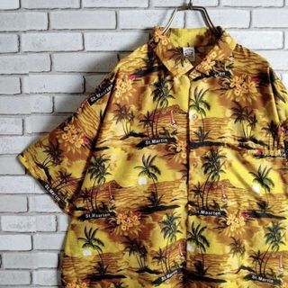 アロハシャツ☆柄シャツ　半袖　ボタニカル　花　ヤシの木　夕日　総柄　XL(シャツ)