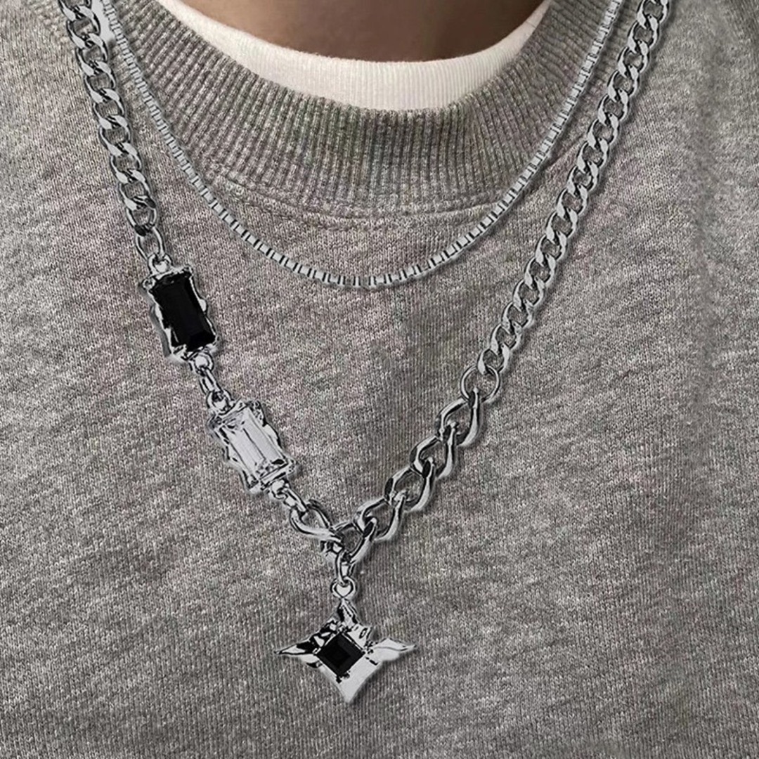新品 チタン ユニセックス ネックレス 2連 二重 ヒップホップ