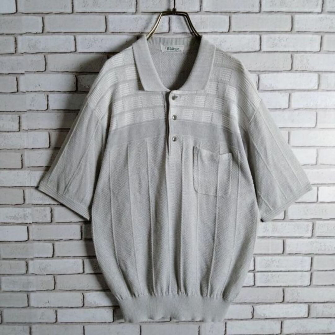 ポロシャツ☆サマーニット　半袖　ハーフボタン　柄編み　切替　ワントーン　グレー メンズのトップス(ポロシャツ)の商品写真