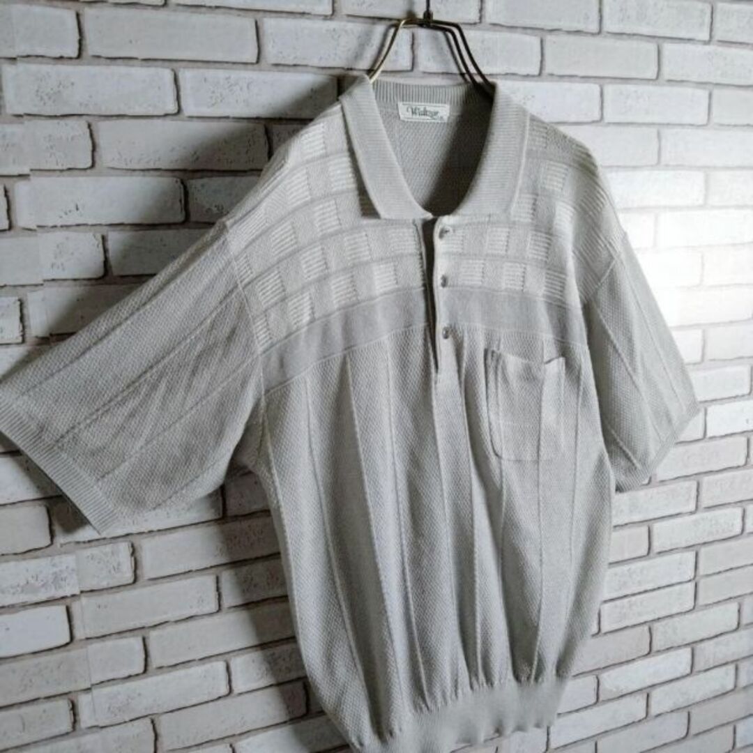 ポロシャツ☆サマーニット　半袖　ハーフボタン　柄編み　切替　ワントーン　グレー メンズのトップス(ポロシャツ)の商品写真
