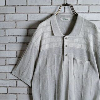 ポロシャツ☆サマーニット　半袖　ハーフボタン　柄編み　切替　ワントーン　グレー(ポロシャツ)