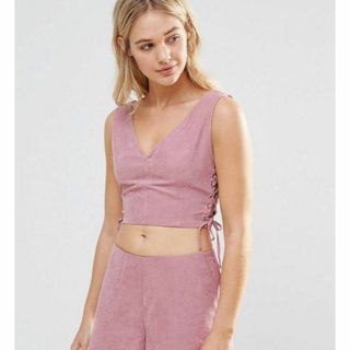 エイソス(asos)の日本未発売【UK10】ピンク レースアップ クロップドトップス ショート丈(その他)