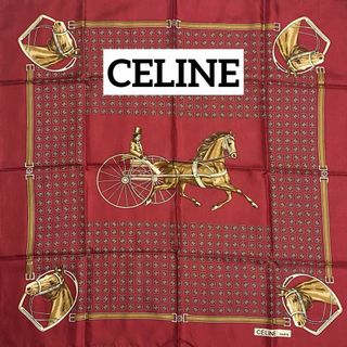 セリーヌ(celine)の★CELINE★ スカーフ 大判 マカダム 馬 馬車 シルク ダークレッド(バンダナ/スカーフ)