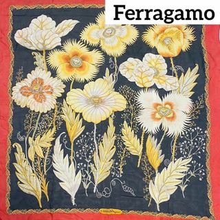 ★Ferragamo★ スカーフ 大判 シフォン 花 レッド ブラック