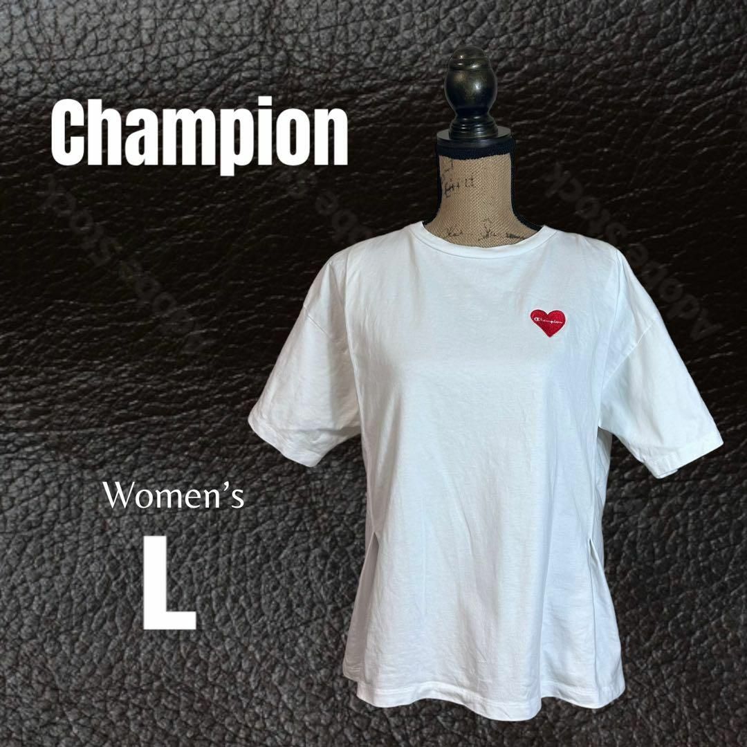 Champion(チャンピオン)の【champion】フレアTシャツ　しっかり生地　ロゴ刺繍　ハート　ホワイト　L レディースのトップス(Tシャツ(半袖/袖なし))の商品写真