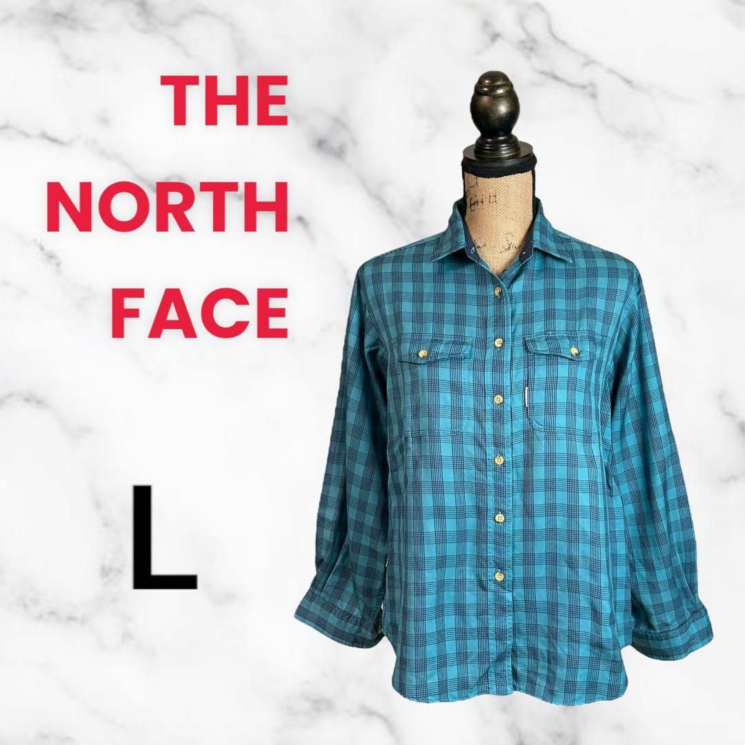 THE NORTH FACE(ザノースフェイス)の【THE NORTH FACE】ウールフランネルチェックシャツ　日本製　ブルーL レディースのトップス(シャツ/ブラウス(長袖/七分))の商品写真