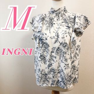 イング(INGNI)のイング　長袖ブラウス　M　ブルー　ホワイト　総柄　大人カジュアル　ポリ100%(シャツ/ブラウス(半袖/袖なし))