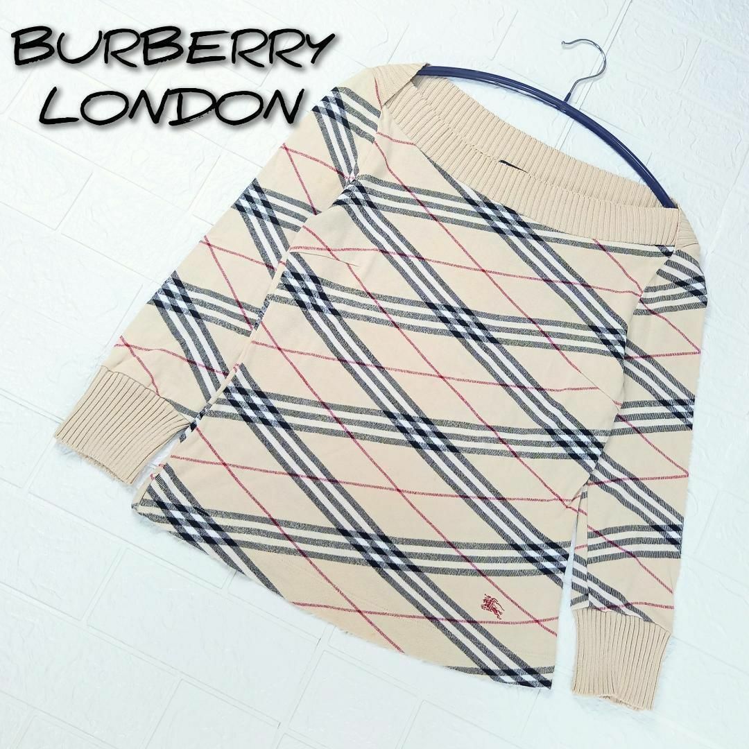 BURBERRY(バーバリー)のバーバリーロンドン　ノバチェック　ニットソー　ホースロゴ刺繍　ベージュ　サイズ1 レディースのトップス(ニット/セーター)の商品写真