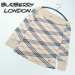バーバリー(BURBERRY)のバーバリーロンドン　ノバチェック　ニットソー　ホースロゴ刺繍　ベージュ　サイズ1(ニット/セーター)