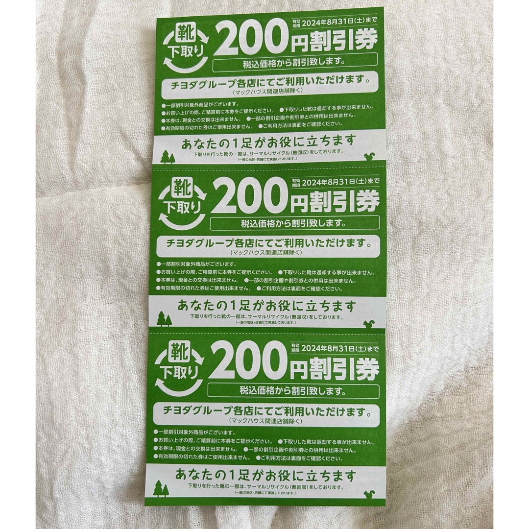 Chiyoda(チヨダ)のチヨダグループ200円割引券3枚 2024.8.31まで チケットの優待券/割引券(ショッピング)の商品写真