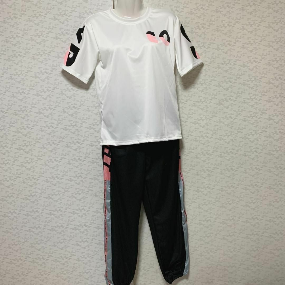 ホワイト×ブラック XL レディースセットアップ 半袖 長ズボン 上下セット白 レディースのトップス(Tシャツ(半袖/袖なし))の商品写真