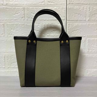 帆布トートバッグ　ハンドメイド　オリーブ×フェイクレザーブラック(バッグ)