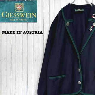 オーストリア製　ウールジャケット　刺繍　メダルボタン　古着女子　ネイビー　42(テーラードジャケット)