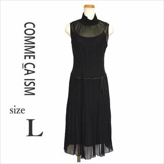 〈COMME CA ISM〉黒ハイネックシフォンプリーツ入りワンピース L