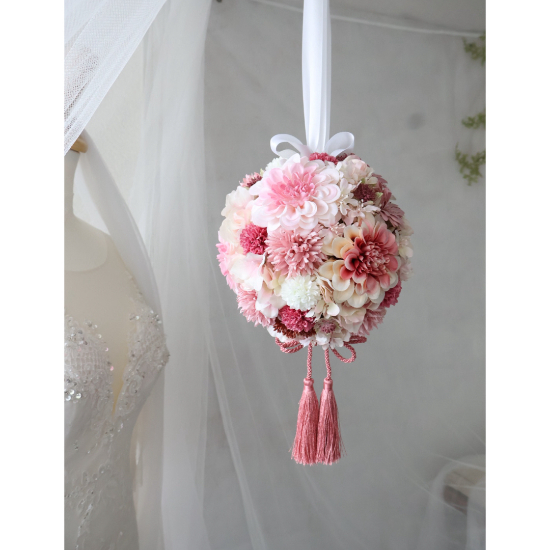 ボールブーケ ピンクブーケ 和装ブーケ 造花 ハンドメイドのウェディング(ブーケ)の商品写真