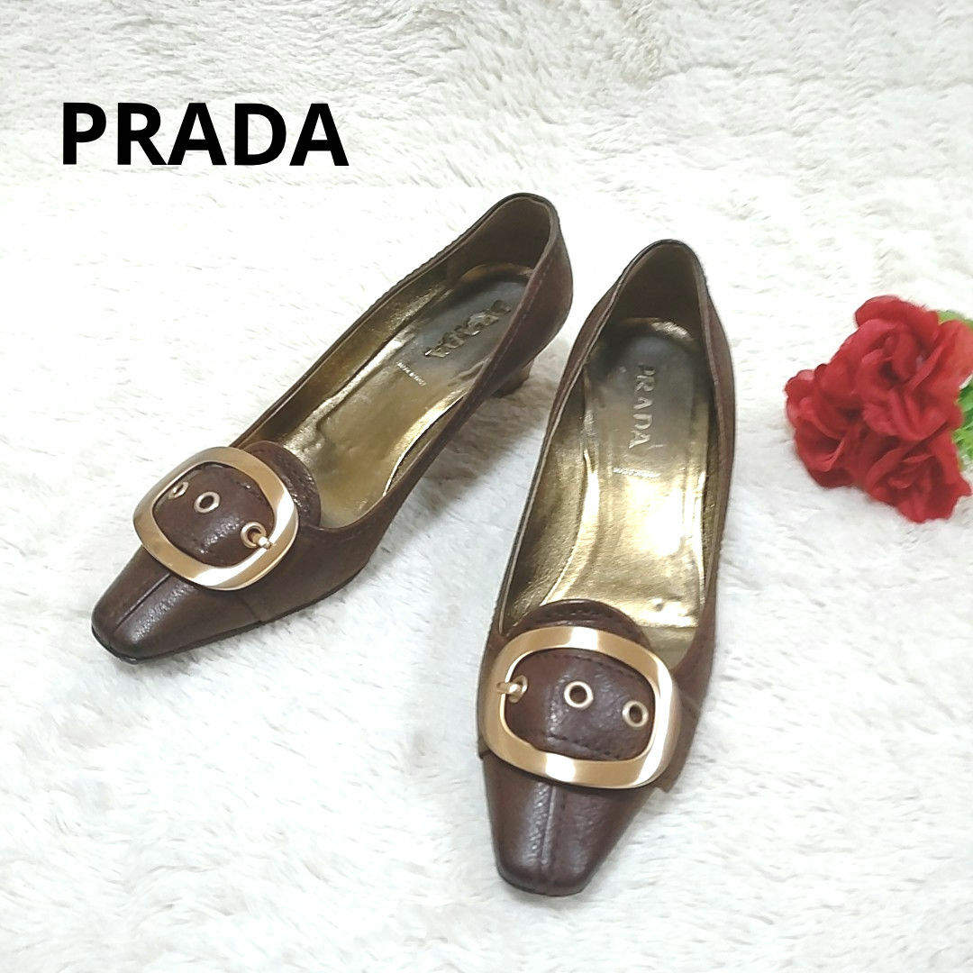 PRADA(プラダ)の【良品】 PRADA  プラダ  パンプス　スクエアトゥ　ヒール　ブラウン レディースの靴/シューズ(ハイヒール/パンプス)の商品写真