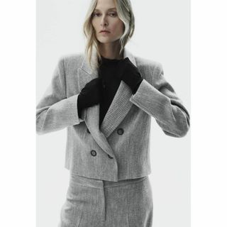 ザラ(ZARA)のZARA クロップド ヘリンボーン ブレザー ジャケット M(テーラードジャケット)