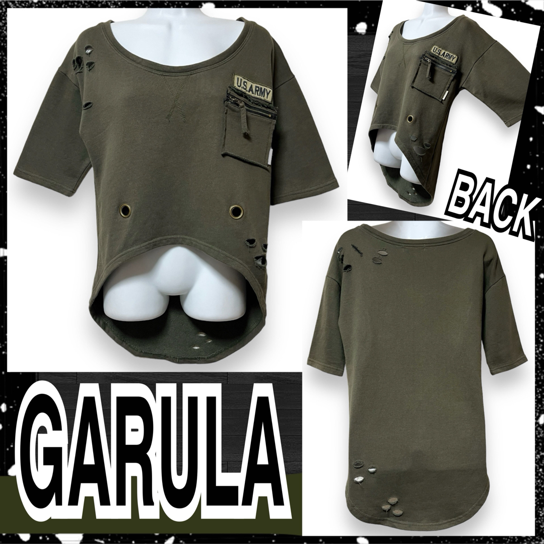 GARULA(ガルラ)の【GARULA】クラッシュ加工☆アイレット付ミリタリー風半袖スウェットトップス レディースのトップス(トレーナー/スウェット)の商品写真