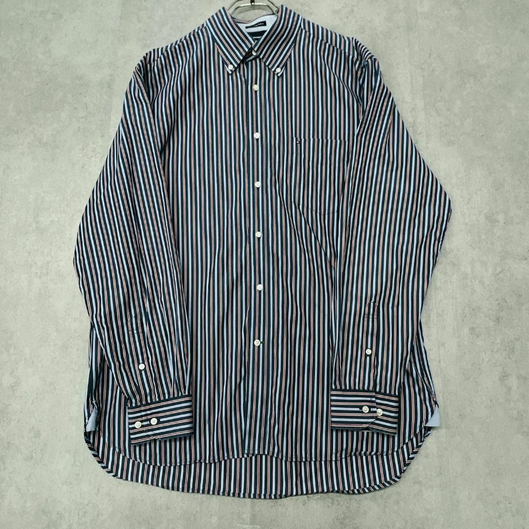 TOMMY HILFIGER(トミーヒルフィガー)のトミーヒルフィガー　ストライプシャツ　古着　ネイビー　レッド　ライトブルー　L メンズのトップス(Tシャツ/カットソー(七分/長袖))の商品写真