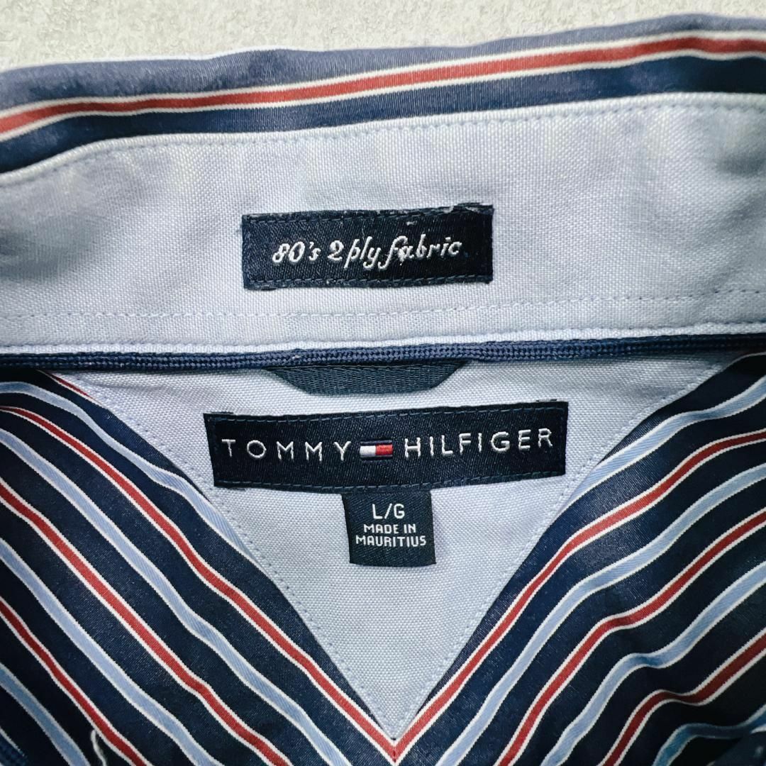 TOMMY HILFIGER(トミーヒルフィガー)のトミーヒルフィガー　ストライプシャツ　古着　ネイビー　レッド　ライトブルー　L メンズのトップス(Tシャツ/カットソー(七分/長袖))の商品写真