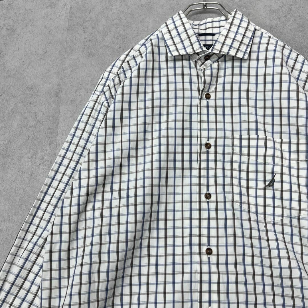 NAUTICA(ノーティカ)のNAUTICA　ノーティカ　チェックシャツ　長袖シャツ　古着　白　紺　茶色　M メンズのトップス(Tシャツ/カットソー(七分/長袖))の商品写真