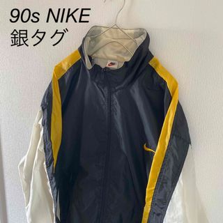 ナイキ(NIKE)の90sNIKEナイキ銀タグナイロンジャケットブラック黒黄白メンズ長袖ジャンパーL(ナイロンジャケット)