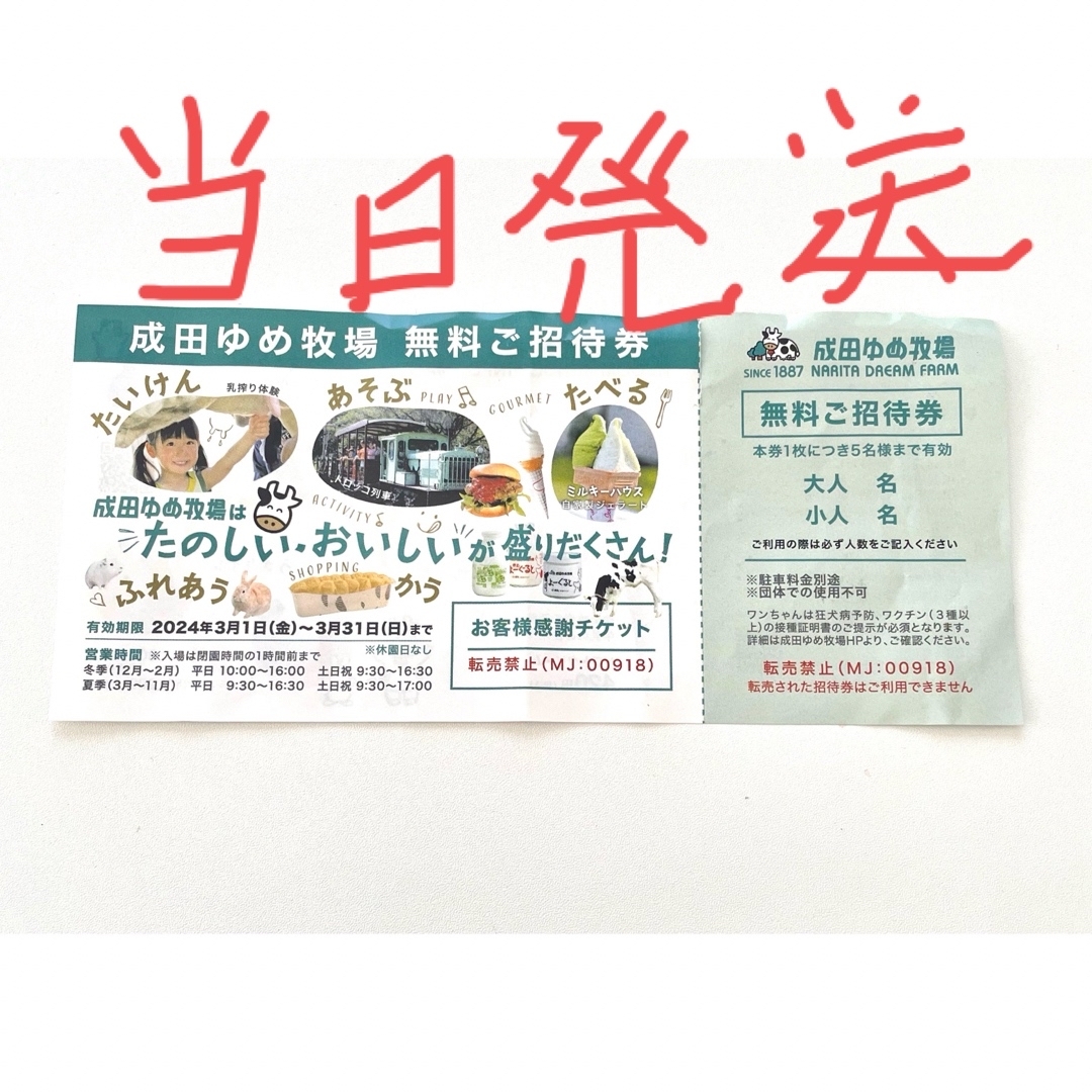 成田ゆめ牧場　無料ご招待券　1枚で5名まで無料 チケットの施設利用券(遊園地/テーマパーク)の商品写真