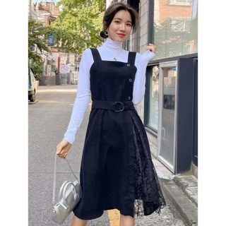 SHEIN DAZY オーバーオールドレス レースパネル　XL(ひざ丈ワンピース)