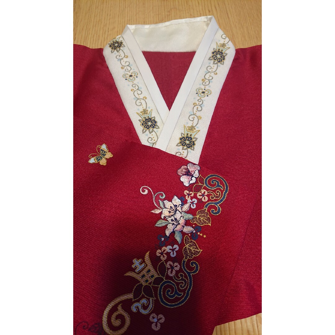 チマチョゴリ 한복 ハンボク6点 深赤 × 紺 バッグ付き レディースのフォーマル/ドレス(その他ドレス)の商品写真