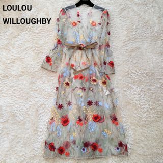 ルルウィルビー(LOULOU WILLOUGHBY)の未使用級  ルルウィルビー 花柄 刺繍 チュール ベルテッド カーディガン 羽織(ロングワンピース/マキシワンピース)