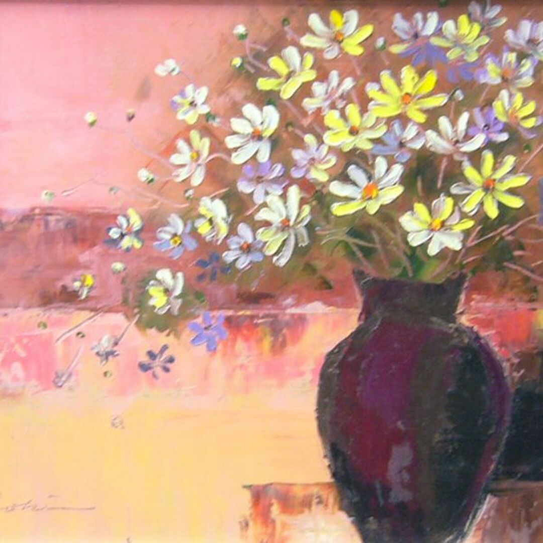 絵画 肉筆油絵 青木今陽 静物画 紫色の花と黄色い花々 絵画 肉筆油絵 青木今陽 静物画 紫色の花と黄色い花々