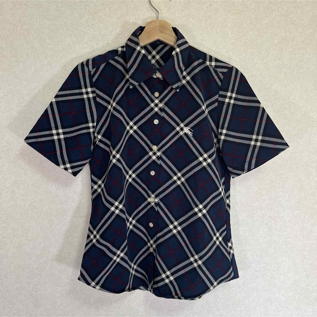 極美品　BURBERRY バーバリー チェックシャツ ネイビー　Ｌ レディースのトップス(Tシャツ(半袖/袖なし))の商品写真
