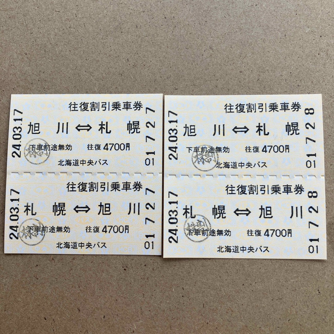 北海道中央バス　札幌〜旭川　　　　　　　　　往復乗車券(２往復分) チケットの乗車券/交通券(その他)の商品写真