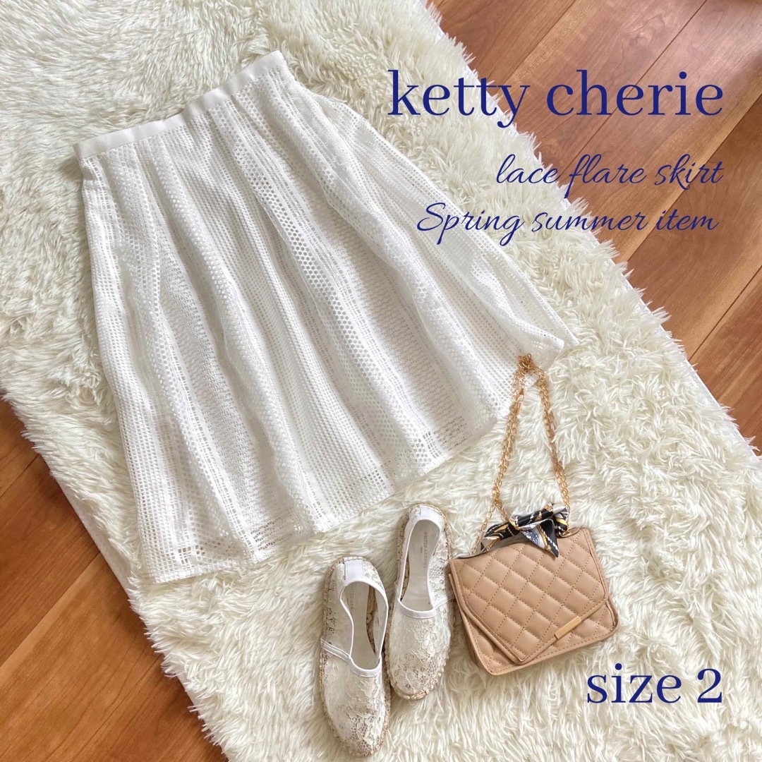 ketty cherie(ケティシェリー)の◆極美品◆ケティシェリー◆ホワイトレース膝丈フレアスカート◆タック入◆M レディースのスカート(ひざ丈スカート)の商品写真