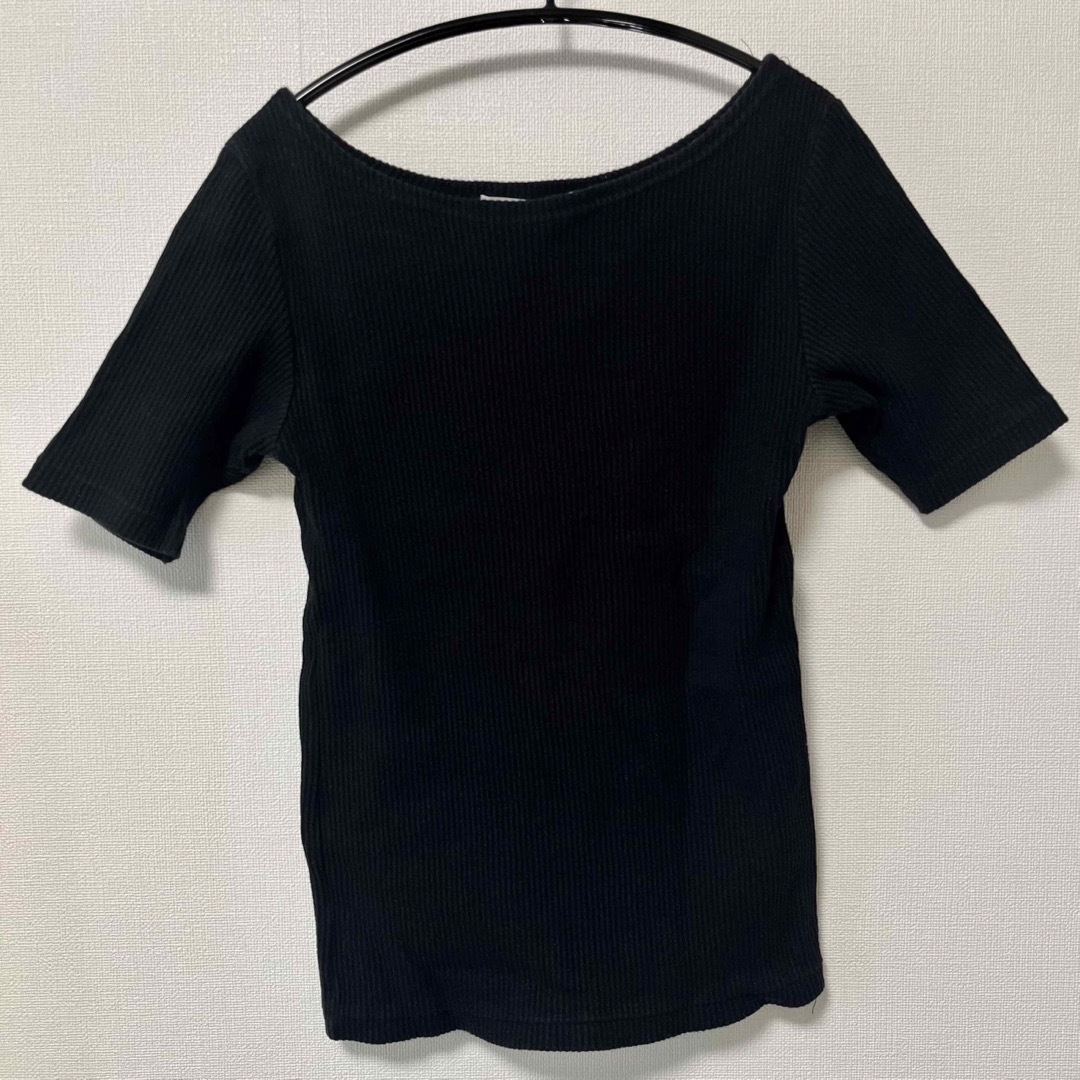 KBF(ケービーエフ)のKBF　リブボートネックTシャツ　レディース　ワンサイズ　黒 レディースのトップス(Tシャツ(半袖/袖なし))の商品写真