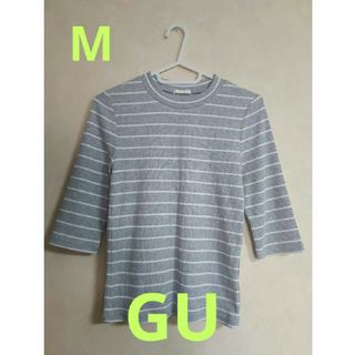 ジーユー(GU)の美品 ジーユー GU ボーダー 半袖 Ｔシャツ グレー 五分袖 春 夏 丸首(Tシャツ(半袖/袖なし))