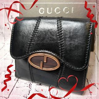 グッチ(Gucci)の【希少／美品】グッチ 二つ折り財布 レザー 木目ロゴ Wホック ブラック(財布)