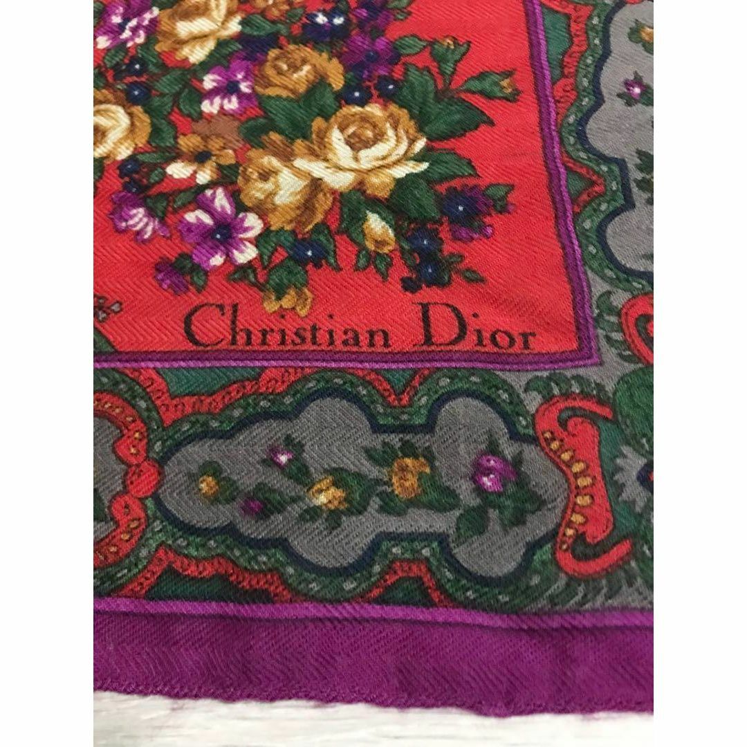 Christian Dior(クリスチャンディオール)の【美品】ディオール フラワー 花柄 大判 スカーフ ストール ショール レッド レディースのファッション小物(バンダナ/スカーフ)の商品写真