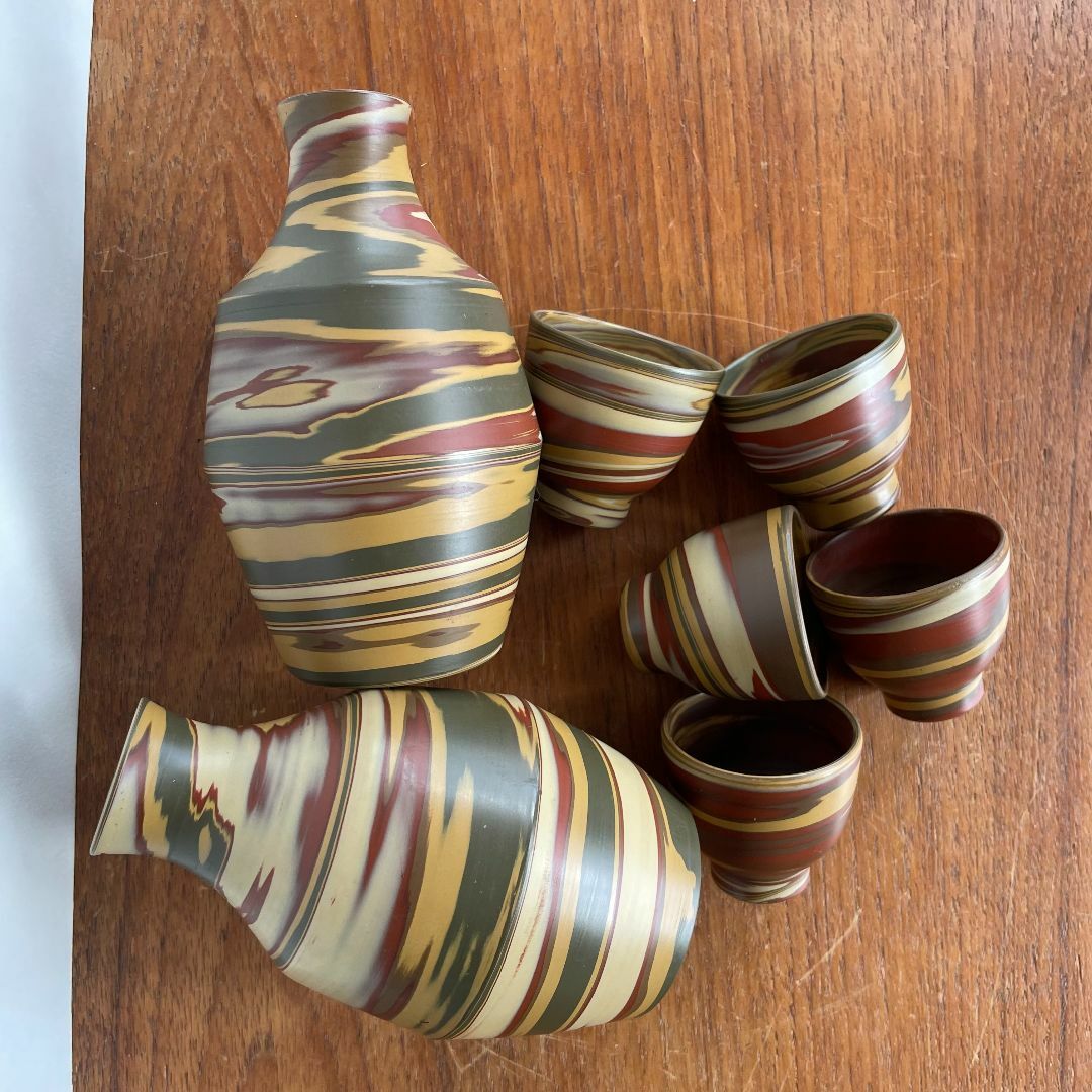 常滑名工 小西友仙 徳利一対 盃 5客 酒器 練り込み 練込 孔雀手