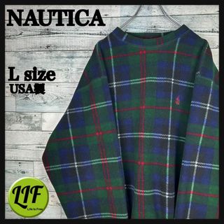 NAUTICA - ノーティカ USA製 刺繍ロゴ 90s フリーススウェット チェック柄 グリーン