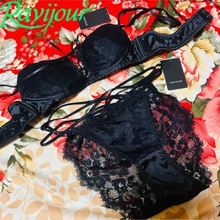 ラヴィジュール(Ravijour)の★Ravijour★スピンドルリボン★ウエストコードレースブラショーツ★下着★黒(ブラ&ショーツセット)