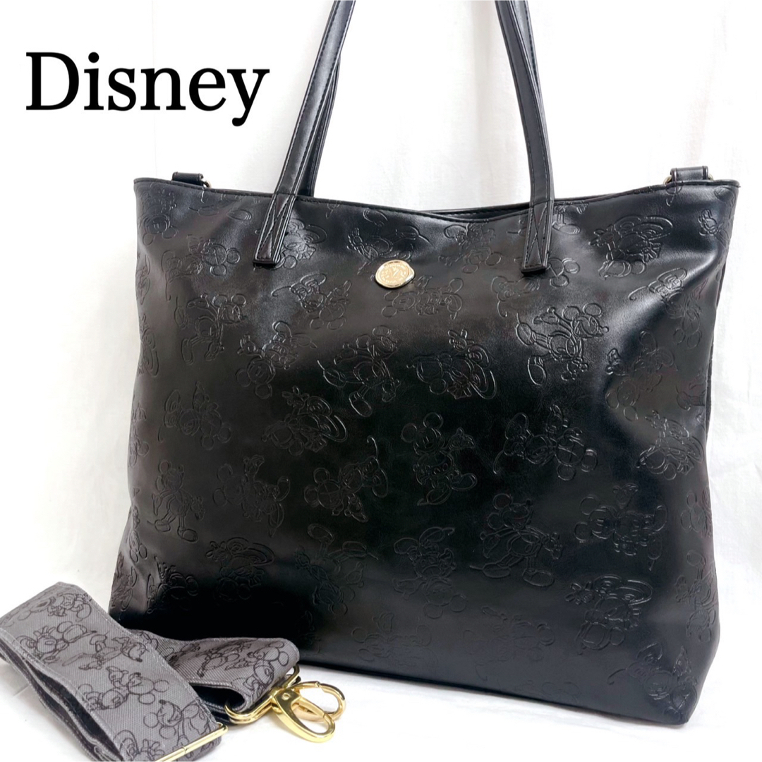 Disney(ディズニー)の美品✨Disney ミッキー　型押し　レザー　トートバッグ　ショルダー　黒　A4 レディースのバッグ(トートバッグ)の商品写真