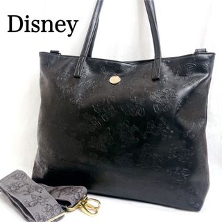 ディズニー(Disney)の美品✨Disney ミッキー　型押し　レザー　トートバッグ　ショルダー　黒　A4(トートバッグ)