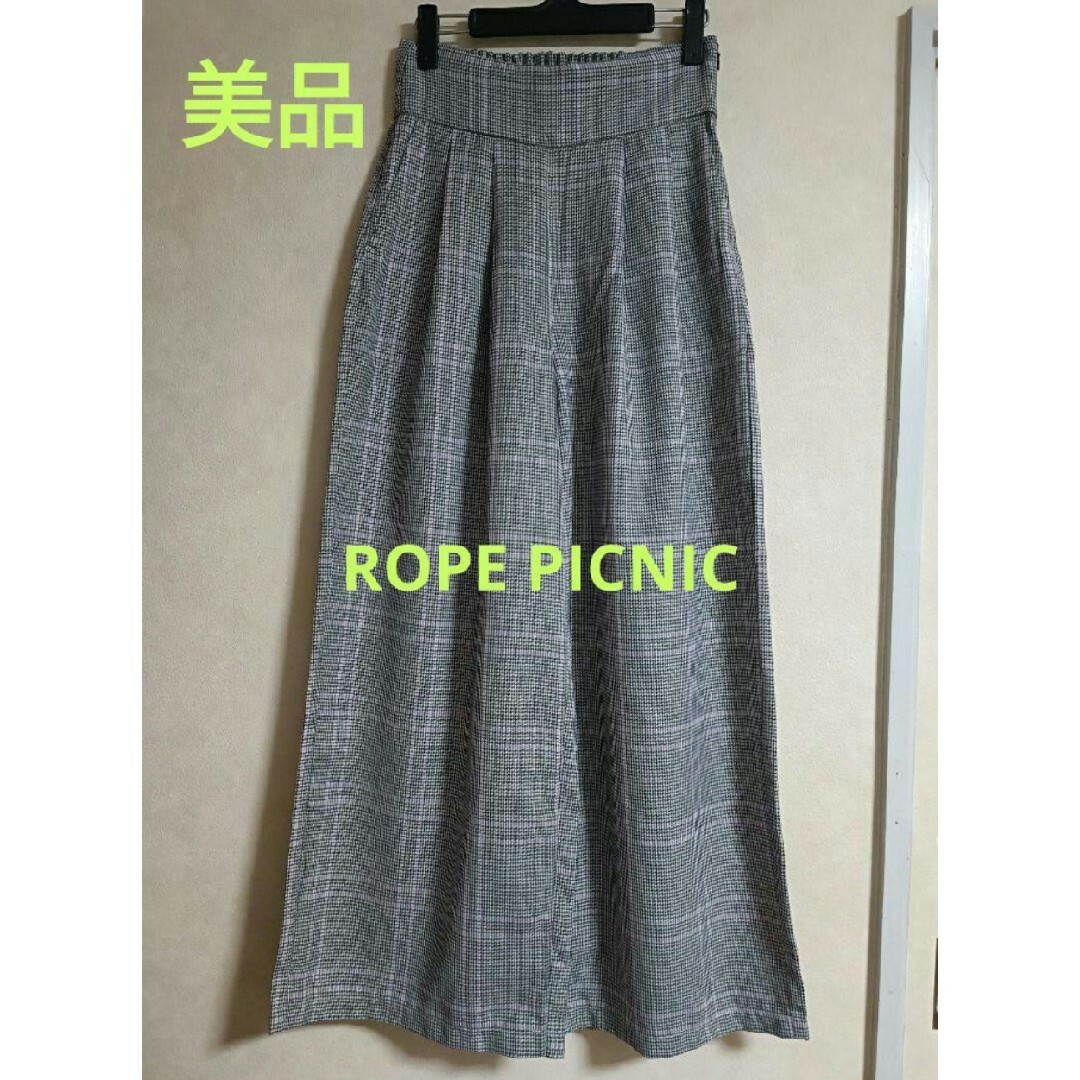 Rope' Picnic(ロペピクニック)の美品 ロペピクニック M チェック柄 ハイウエスト ワイドパンツ 春 夏 グレー レディースのパンツ(カジュアルパンツ)の商品写真