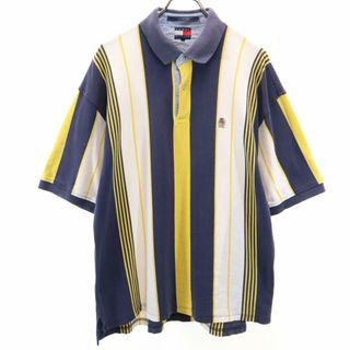 トミーヒルフィガー(TOMMY HILFIGER)のトミーヒルフィガー 90s オールド フラッグタグ ストライプ 半袖 ポロシャツ XL ネイビー系 TOMMY HILFIGER 鹿の子 メンズ 古着 【240317】(ポロシャツ)