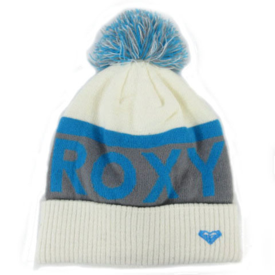 Roxy(ロキシー)のロキシー ROXY ニットキャップ ボンボン ロゴ刺繍 配色 オフ白 グレー 青 レディースの帽子(その他)の商品写真