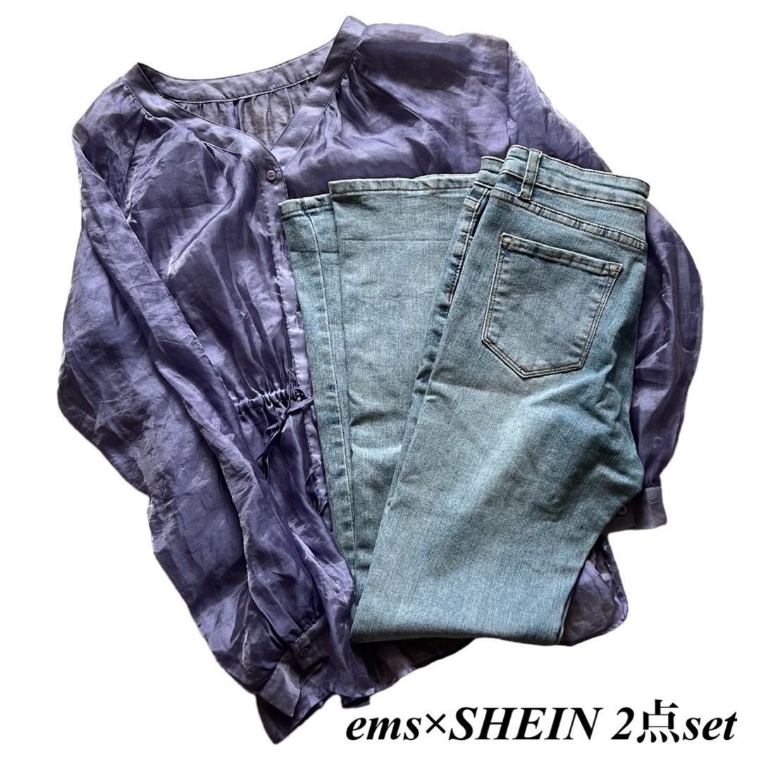 SHEIN(シーイン)の☆最終値下げ☆【ems×SHEIN】オーガンジーカーディガン デニム set レディースのパンツ(デニム/ジーンズ)の商品写真